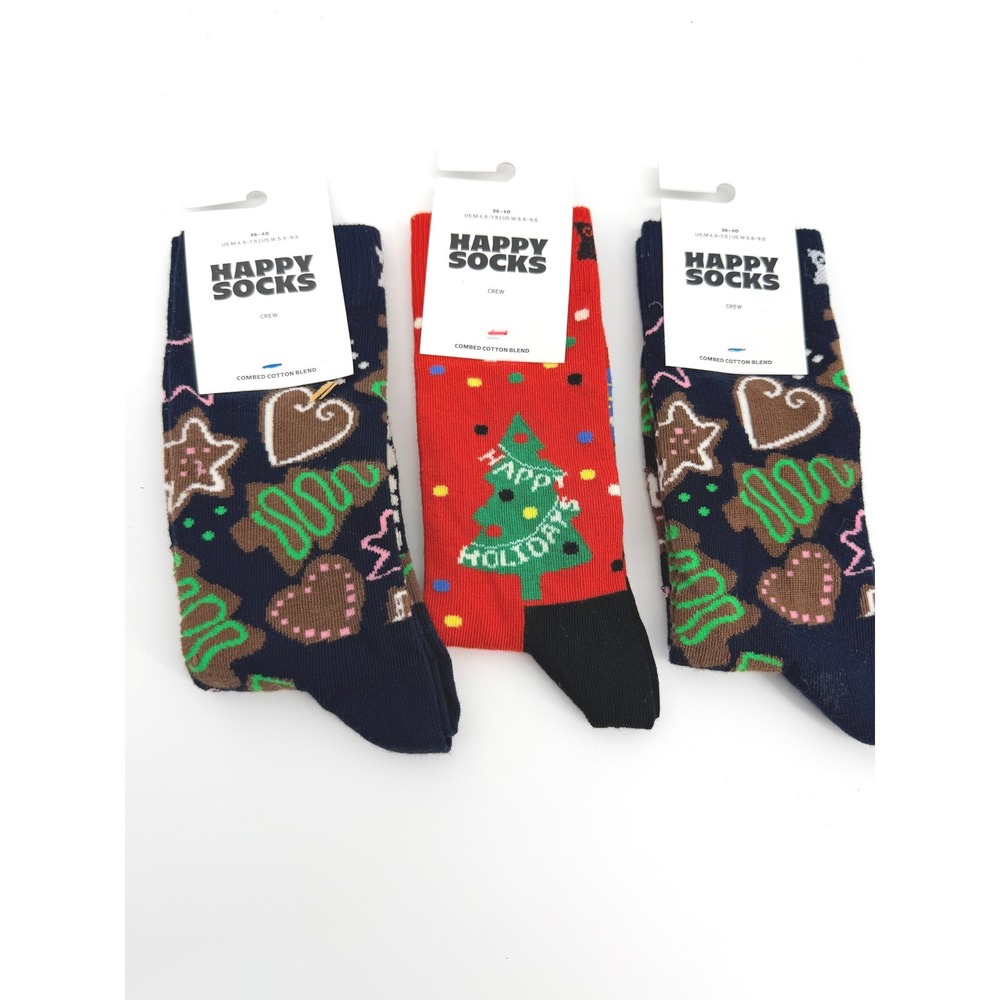 Happy Socks 3 Pack Holiday Crew Socks Navy Gingerbread Red Christmas Tree NWT